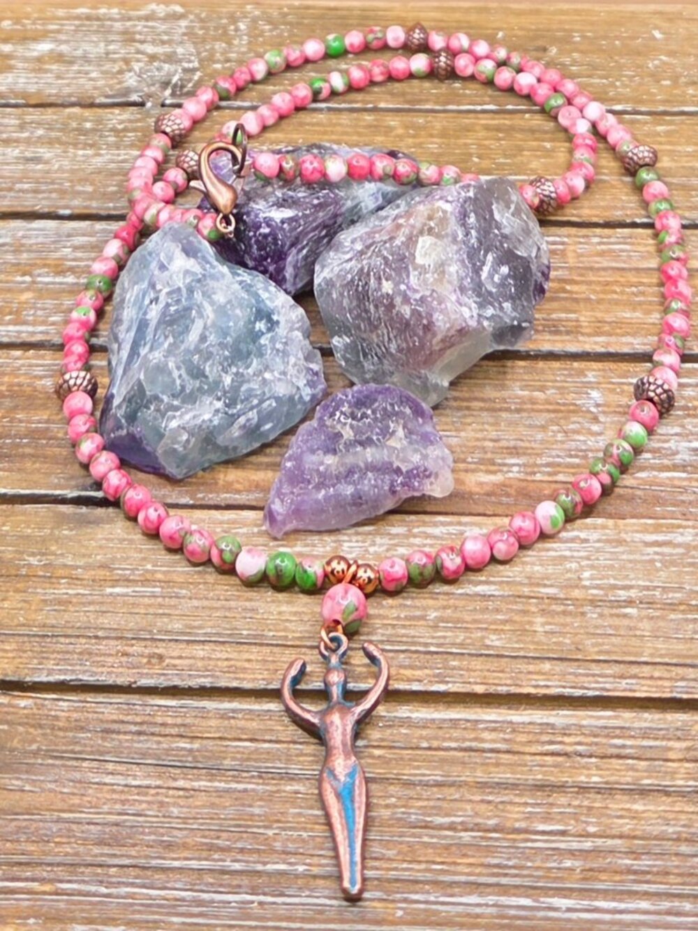 Pink and Green Rain Flower Jade and Copper Beaded Necklace with Goddess Pendant - Picture 3 of 6